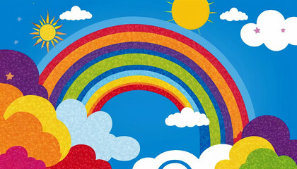 Fototapeta na wymiar Fairytale cartoon landscape with rainbow