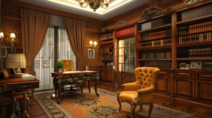 an old library, with ornate wallpaper and classic reading lamps