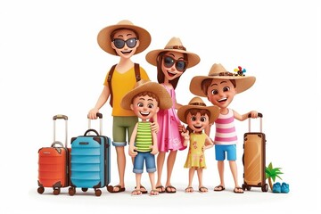 a family of four standing next to each other with luggage