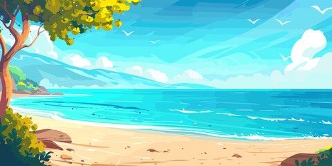 Fototapeta na wymiar Blank background beach by the sea summer vector cartoon illustration, copy space landscape beach and ocean 