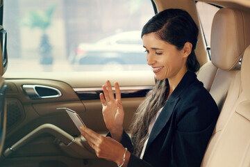 Video call, travel and businesswoman in taxi with mobile phone for contact, communication or...
