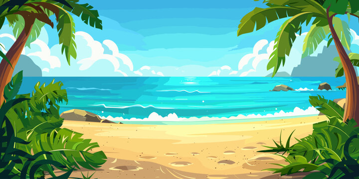 Blank background beach by the sea summer vector cartoon illustration, copy space landscape beach and ocean 