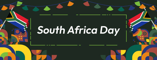 South Africa National Independence Day wide banner. Modern geometric abstract background in colorful style for South Africa day. South African Independence greeting card cover with country flag.