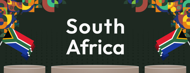 Obraz premium South Africa National Independence Day wide banner. Modern geometric abstract background in colorful style for South Africa day. South African Independence greeting card cover with country flag.