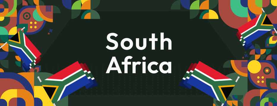 South Africa National Independence Day wide banner. Modern geometric abstract background in colorful style for South Africa day. South African Independence greeting card cover with country flag.