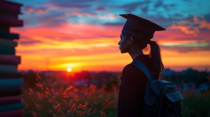 A woman wearing a graduation cap stands in front of a sunset. She is wearing a backpack and has her hands on her hips