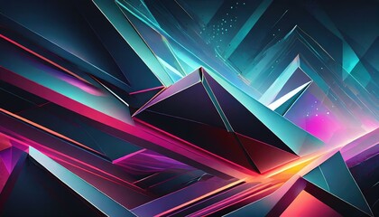 Visualize a futuristic abstract geometric background that incorporates sharp, metallic polygons against a dark - obrazy, fototapety, plakaty