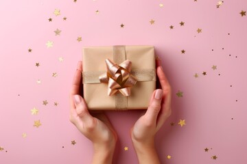 Elegant Gift Presentation: Hands Holding Gift Box with Golden Ribbon on Pink Background