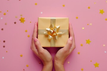 Elegant Gift Presentation: Hands Holding Gift Box with Golden Ribbon on Pink Background