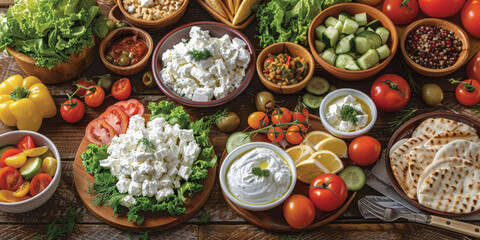 Greek food dishes on the table, top view