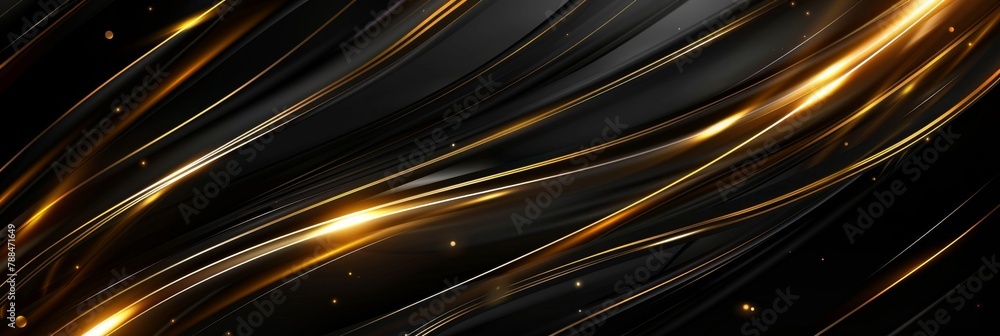 Poster black background with golden lines, with a gradient from top to bottom, smooth curves forming elegan