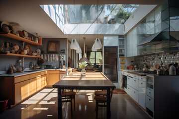 Sunlit Wood-Finished Kitchen Interior - 788471643