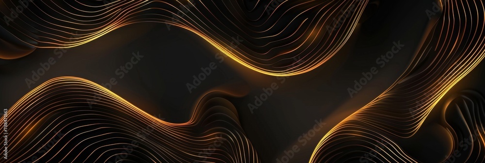 Poster black background with golden lines, a gradient effect with light and shadow, curved shapes generativ