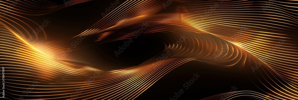 Poster a black background with golden lines in the style of light gold and dark bronze styles, circular wav