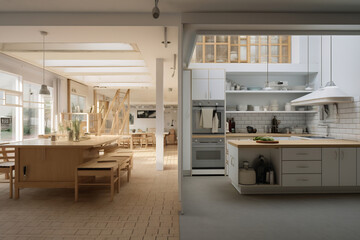 Sunlit Wood-Finished Kitchen Interior - 788471836