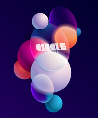 3D colorful circles banner in glass morphism style. Multicolor balls and glass cylinders. Abstract vector design elements.