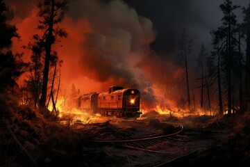 Widespread Railway fire forest natural. Scenic death. Generate Ai