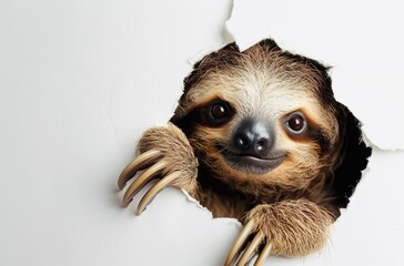 Wonder joy happy cute sloth sticking its head out of the hole in plain white background copy space 
