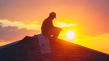 Roof Repair Technician's Dedication: Securing the Last Shingle at Sunset - obrazy, fototapety, plakaty