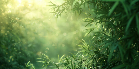 Serene Bamboo Forest with Sunlight Filtering Through Lush Green Leaves in Background Creating a...