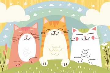 Cute cartoon vector illustration of three happy cats sitting on the grass in front of a rainbow with clouds