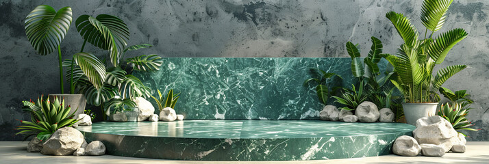 empty green marble podium with tropical plants and rocks on a concrete background for a product presentation mock up,.empty Stone podium scene summer background 