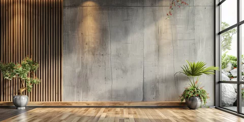 Foto op Plexiglas empty room with parquet floor with wooden paneling and grey concrete walls © Nice Seven