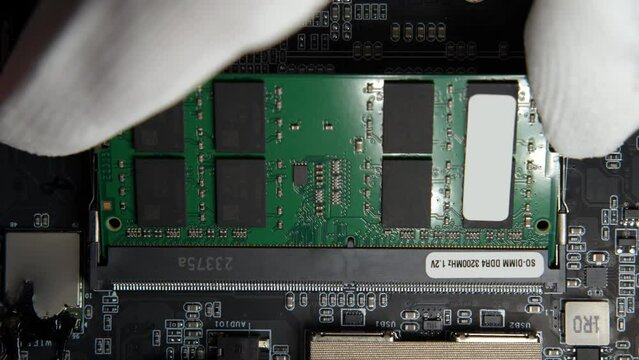 RAM DDR4 Sodimm Installation in PC with Connector on Motherboard Background. High quality photo