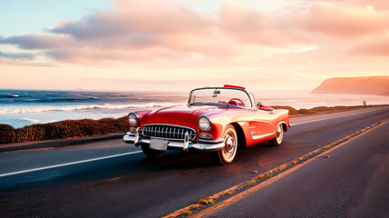 A vintage convertible cruising down a coastal highway, the ocean breeze mingling with the scent of salt and freedom.