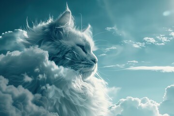 Fluffy cat made of clouds against a sky background