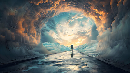Lonely figure in cloudy tunnel, concept of entrance to the afterlife - obrazy, fototapety, plakaty