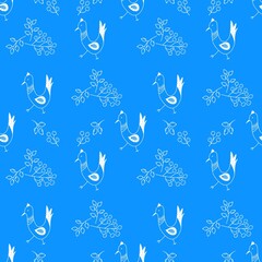 Chickens and leaves on blue background seamless pattern . 