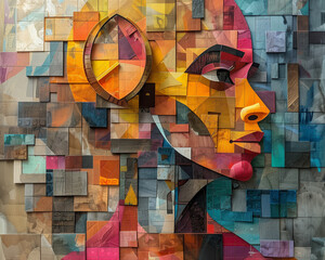 Colorful mosaic artwork portraying a woman's profile.