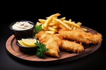 fish and chips dish at minimal kitchen. Homemade or takeaway food. Traditional typical British meal