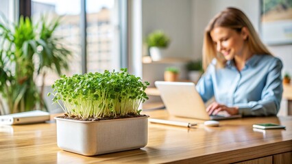 Front view of a smart pot with microgreens on a desk, representing indoor gardening and sustainable living. 
