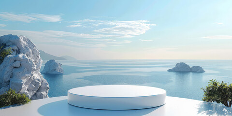 empty white circular podium with a view of the sea background.   empty stone podium for sea product placement background 