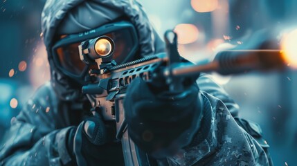 Fototapeta premium Close-up of a sniper in tactical camouflage