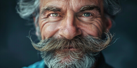 Close-up portrait of a smiling elderly mature man with a gray-haired hipster well-groomed mustache and beard facial hair. Expressive eyes, showcasing wisdom and character