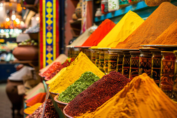 The spice counter, spice market is a vibrant display of exotic flavors and colors