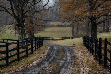 Rustic Autumn Farm Scene with Winding Dirt Road