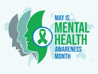 May is Mental Health Awareness Month poster vector illustration. Male face with different emotions silhouette icon. Sad and happy face in profile symbol. Template for background, banner, card