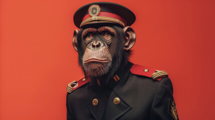 Portrait of an anthropomorphic chimpanzee dressed in a decorated military uniform, posing on a vibrant red backdrop