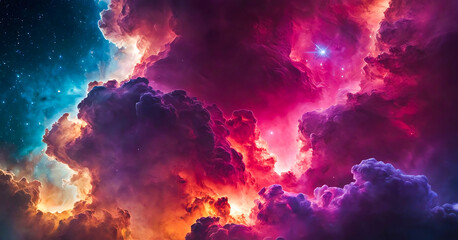 Abstract colorful space background with bright gas and dust swirls and a vivid nebula or supernova.
