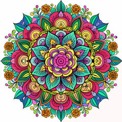 Create a stunning mandala for the cover that represents the essence of the coloring book: a vibrant and intricate fusion of various floral patterns. Use a rich palette of flowers, such as roses, lilie