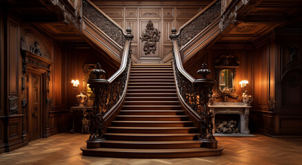 Classic Carved Wooden Staircase in Traditional Home - 788477887