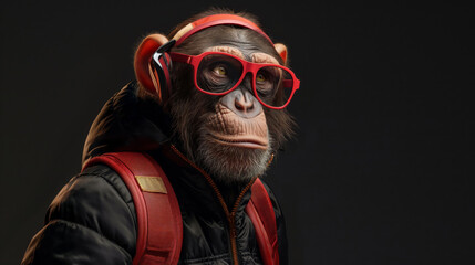 Stylized anthropomorphic monkey sporting a fashionable athletic outfit with red headphones