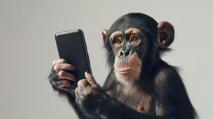 Portrait of a whimsically edited monkey holding a smartphone as if it is taking a selfie or browsing