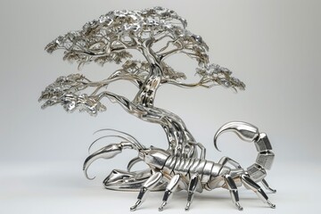 A silver chrome scorpion under a silvery winding tree, illustrated on a white background, merging nature with futurism,  - obrazy, fototapety, plakaty