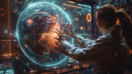 A team of space scientists in a command center analyzing a holographic globe of an exoplanet, discussing potential habitats and mission strategies.