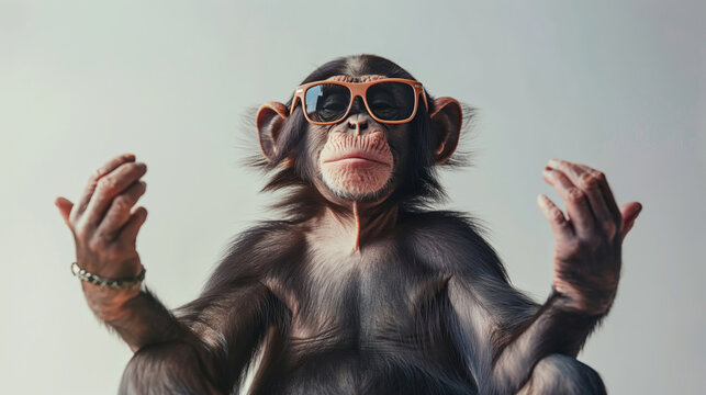 Humorous image of an anthropomorphic monkey dressed in yoga attire, meditating with sunglasses on